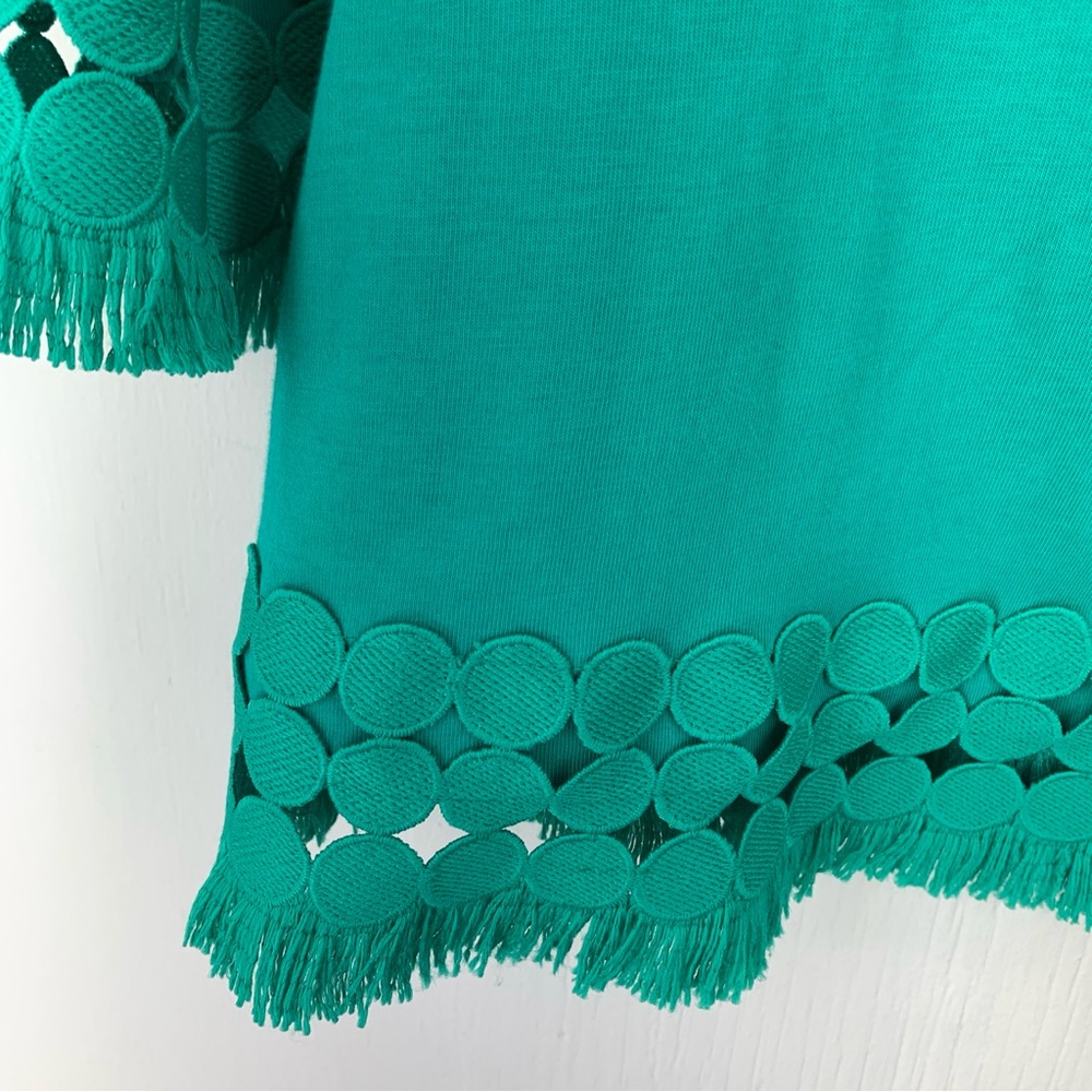 Talbots XS Tunic Top Boat Neck Green Pima Cotton Embroidered Medallion Fringe - Picture 2 of 12
